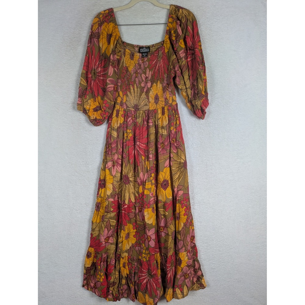 Angie Maxi Dress Women's S Multicolor Floral Smocked Puff Sleeve Retro Boho
